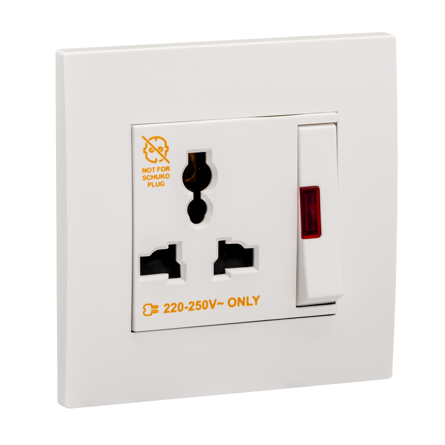 13A 250V 1 Gang 3 Pin Switched Universal Socket with Neon Vivace White ...